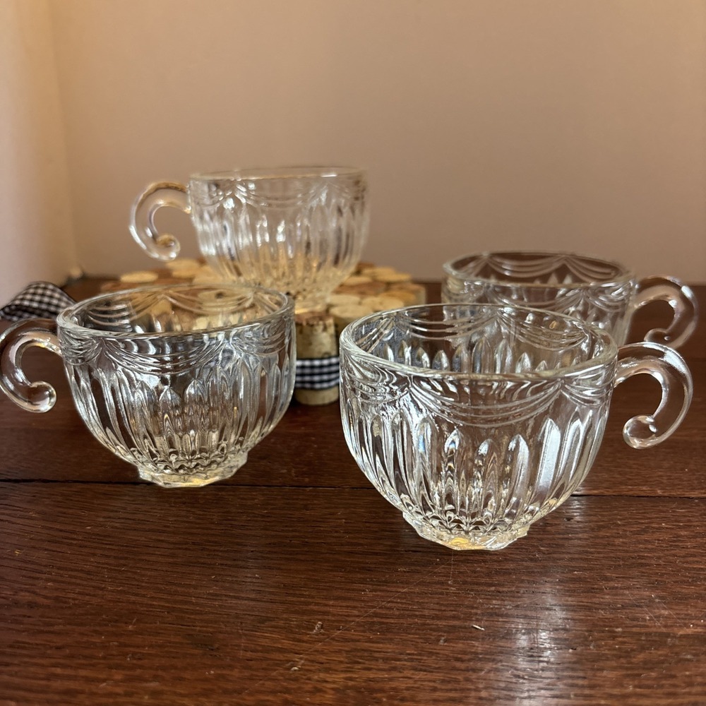 4 Indiana Glass ROYAL Drape Clear Punch Cup Hook Handle Vertical Rib & Swag 7 oz
